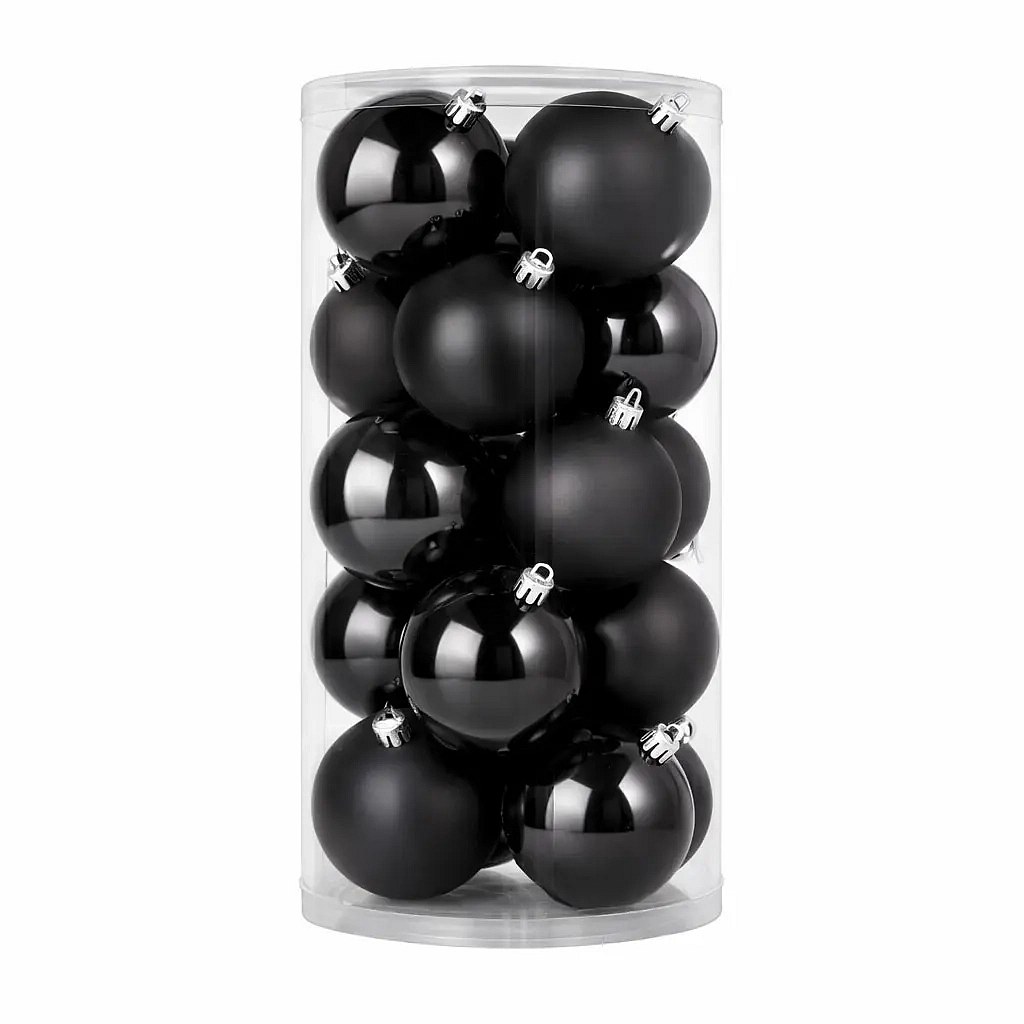 Set Weihnachtsschmuck schwarz 8 cm Kunststoffkugeln, 12× matt, 12× glänzend, Set mit 24 Bannern