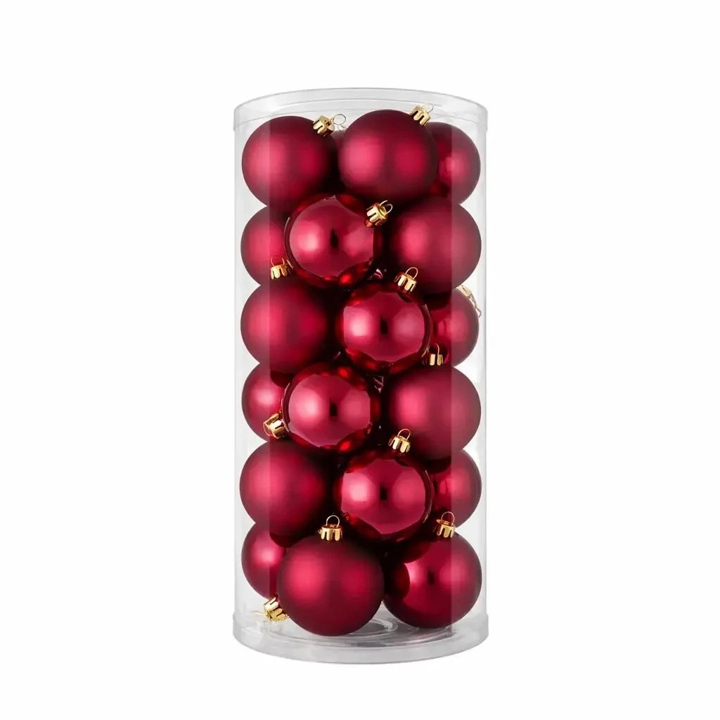 Set Weihnachtsdekoration burgunderrot 8 cm Kunststoffkugeln, 12× matt, 12× glänzend, Set mit 24 Bannern