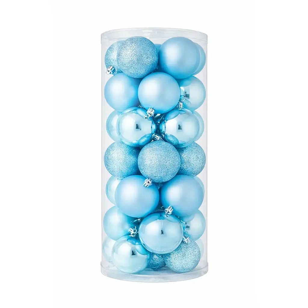 Weihnachtsdekorationsset hellblau 8 cm Kunststoffkugeln, 8× matt, 8× glitzernd, 8× glänzend, Packung mit 24 Stück