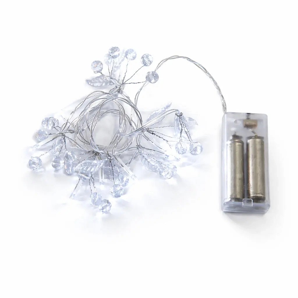 Batteriebetriebene LED-Lichterkette mit Kristallen, 1,3 m, eisweiß, 10 LEDs, transparentes Kabel, IP20, 2 × AA