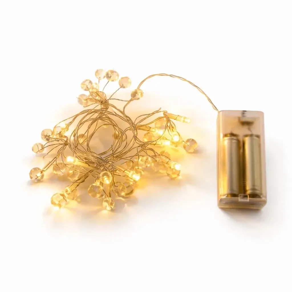 Batteriebetriebene LED-Lichterkette mit Kristallen, 1,3 m, warmweiß, 10 LEDs, transparentes Kabel, IP20 für den Innenbereich, 2 × AA