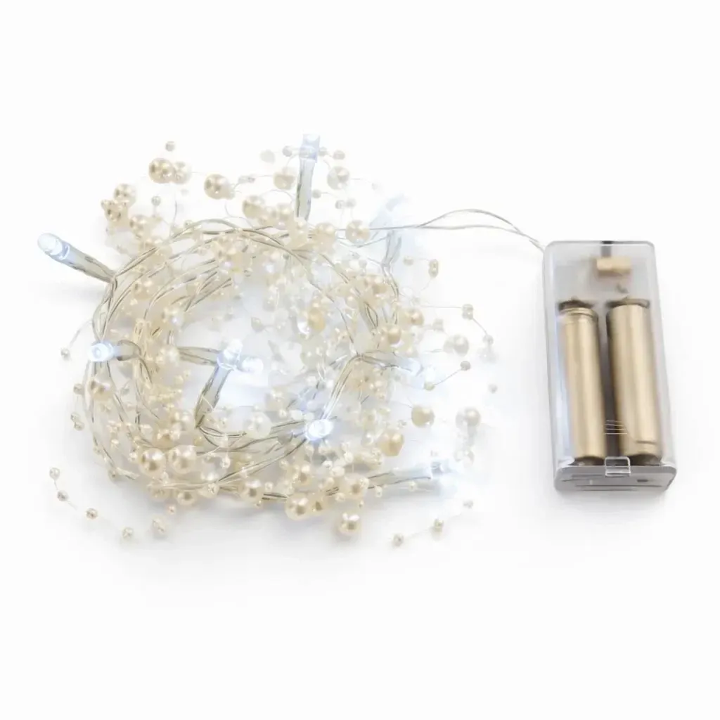 Batteriebetriebene LED-Lichterkette, weiße Perlen, 1,3 m, eisweiß, 10 LEDs, IP20 für den Innenbereich, 2 × AA