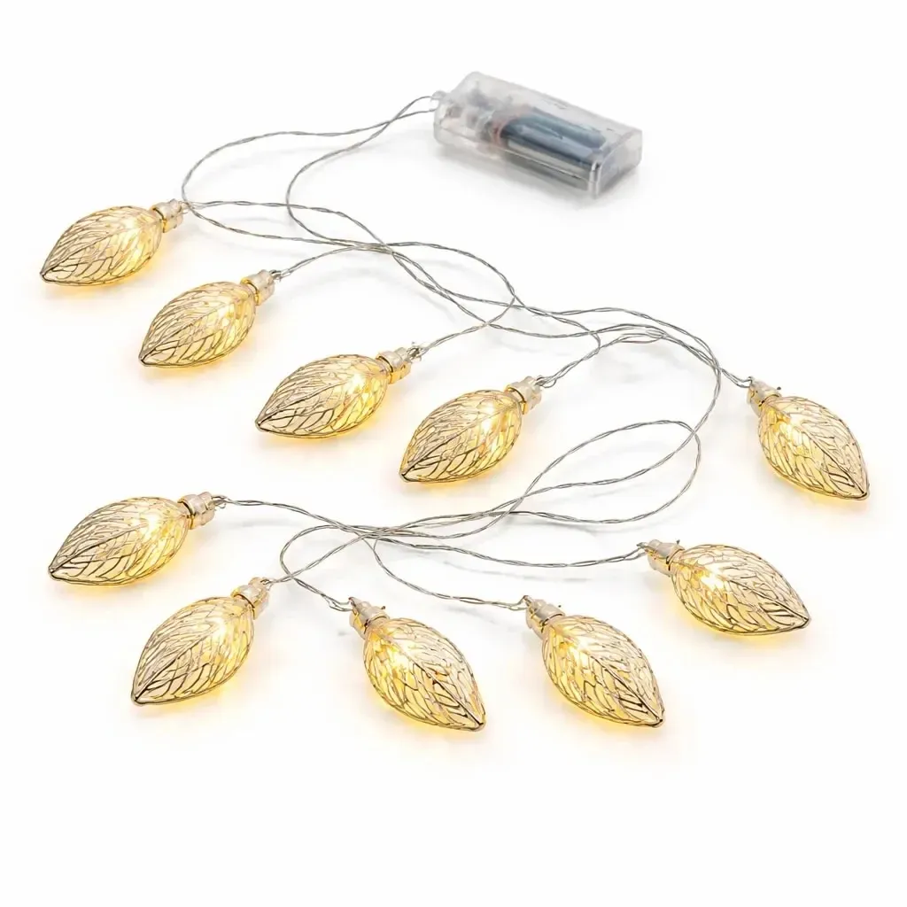Batteriebetriebene LED-Lichterkette, Metallblätter, 1,8 m, warmweiß, 10 LEDs, transparentes Kabel, IP20 für den Innenbereich, 2 × AA