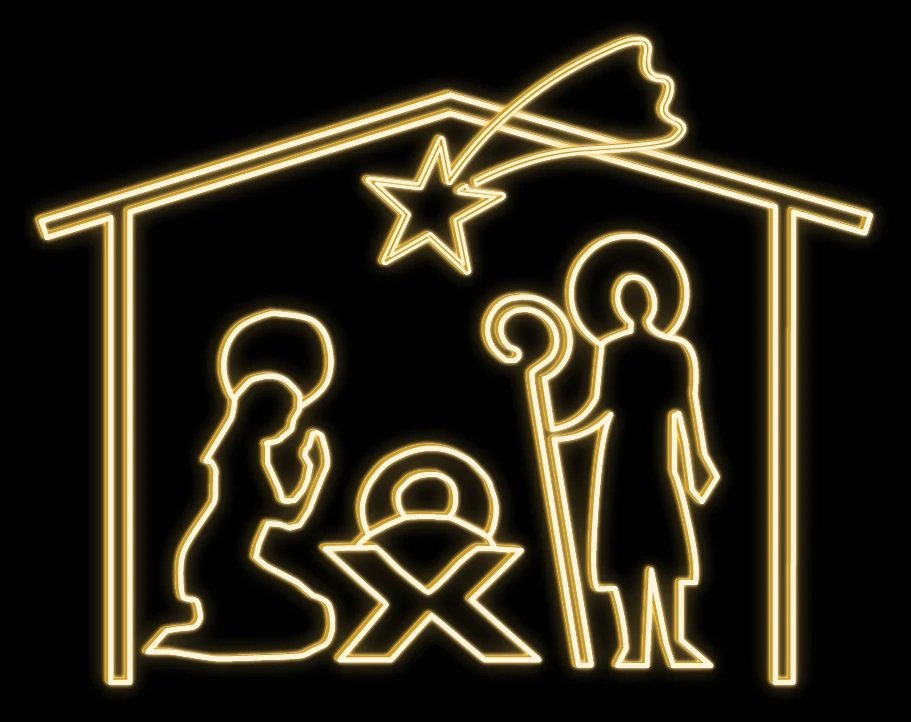 Bethlehem, Jesuskind, Maria und Josef im Stall, warmweiß, 162 x 172 x 40 cm