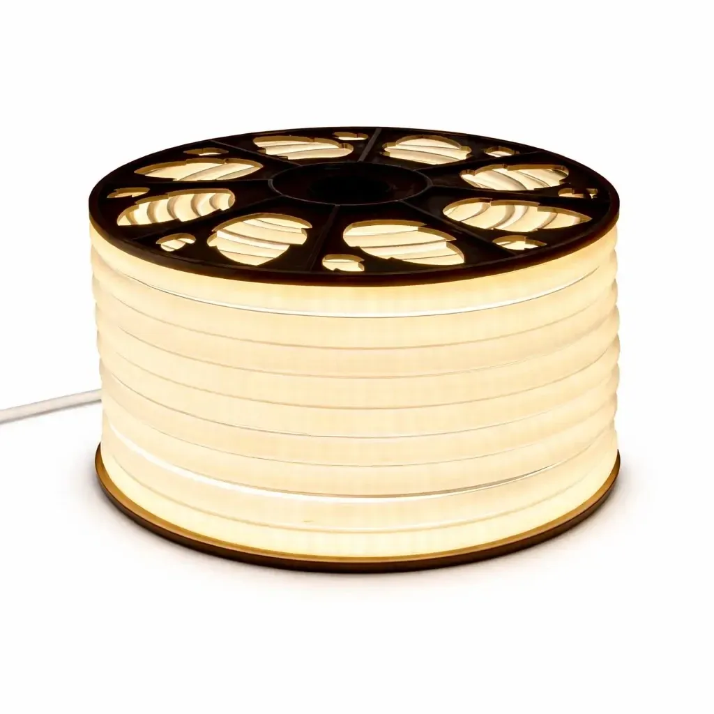Easy Fix LED-Neon-Schlauch für den Außenbereich, 50 m, D-Typ einseitig, warmweiß, 3000 LEDs, weißes Kabel, IP44, Spule