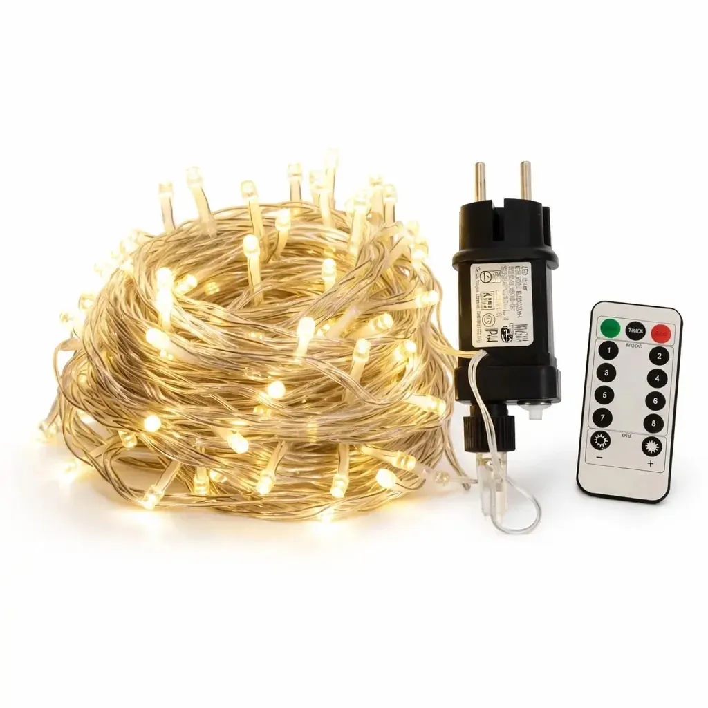 LED-Lichterkette, für den Außenbereich, 20 m, warmweiß, 100 LEDs, transparent, IP20, inkl. Netzteil und Fernbedienung