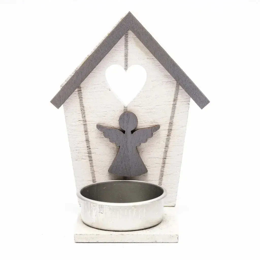 Holzkerzenhalter für Teelichter Cottage mit Engel 10,5 × 5 cm, grau und weiß