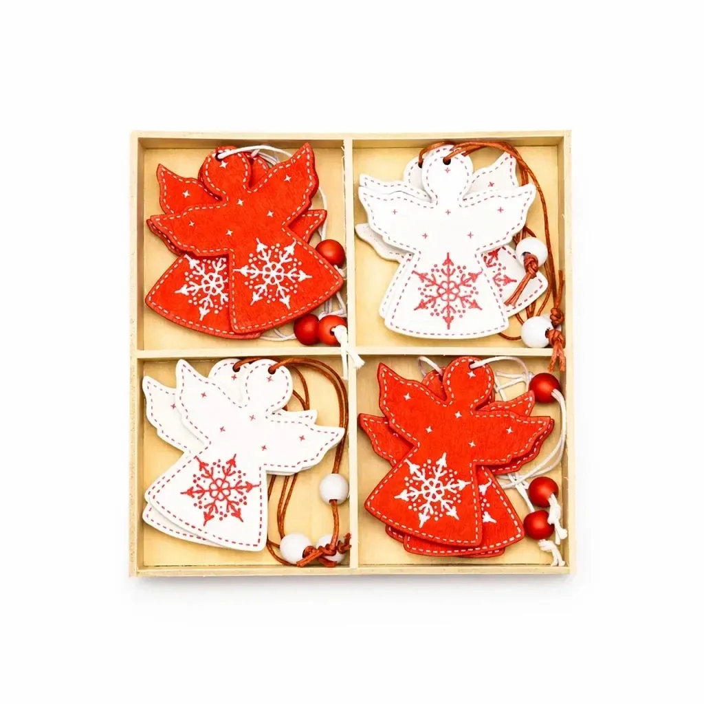 Weihnachtsschmuck-Set aus Holz Engel 5 × 6 cm, rot und weiß, 12er-Pack