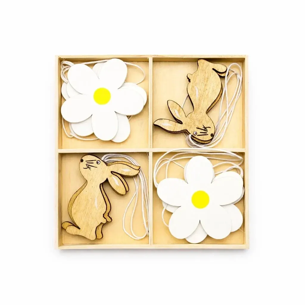 Osterdekoration aus Holz 6 cm, Blume und Hase, 12er-Pack