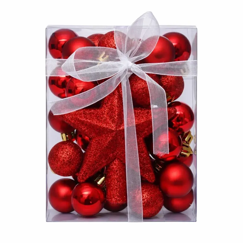 Set von Weihnachtsschmuck rot 3 cm Kunststoffkugeln und Glitter Spike Stern 10,5 cm, Packung mit 29 Banner und Spike