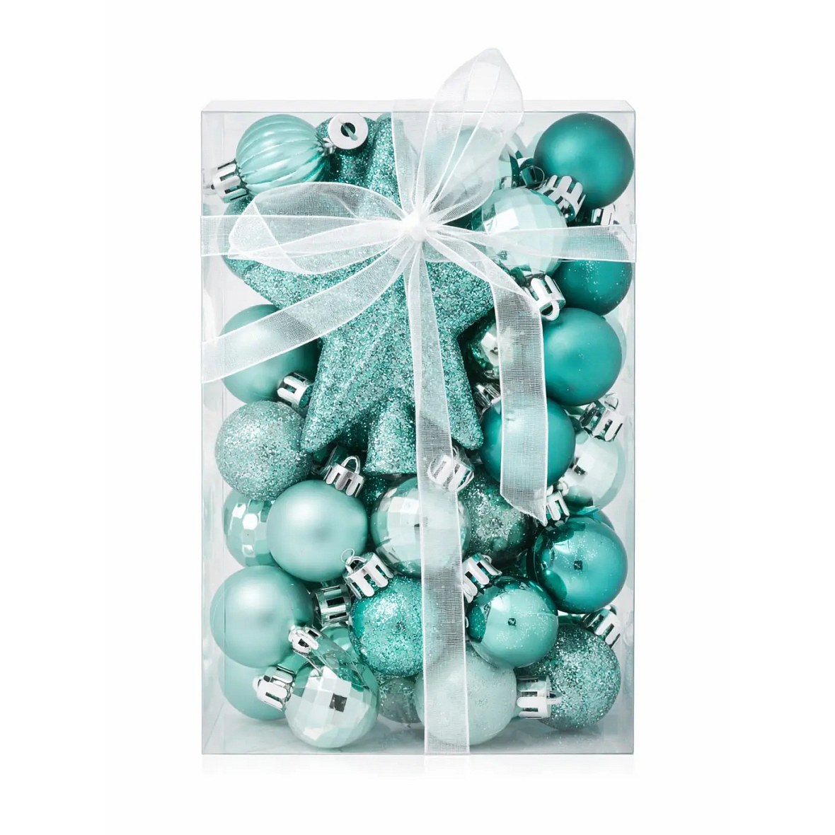 Set Weihnachtsdekoration jadegrün 3 cm Plastikkugeln und Glitzersternspitze, Packung mit 28 Bannern und Spike