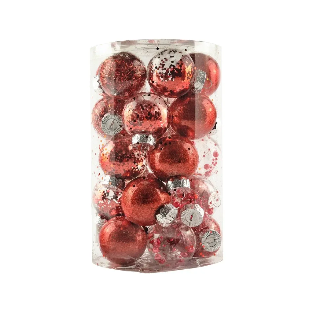 Set Weihnachtsschmuck rot 6 cm Plastikflasche, Packung mit 25 Stück