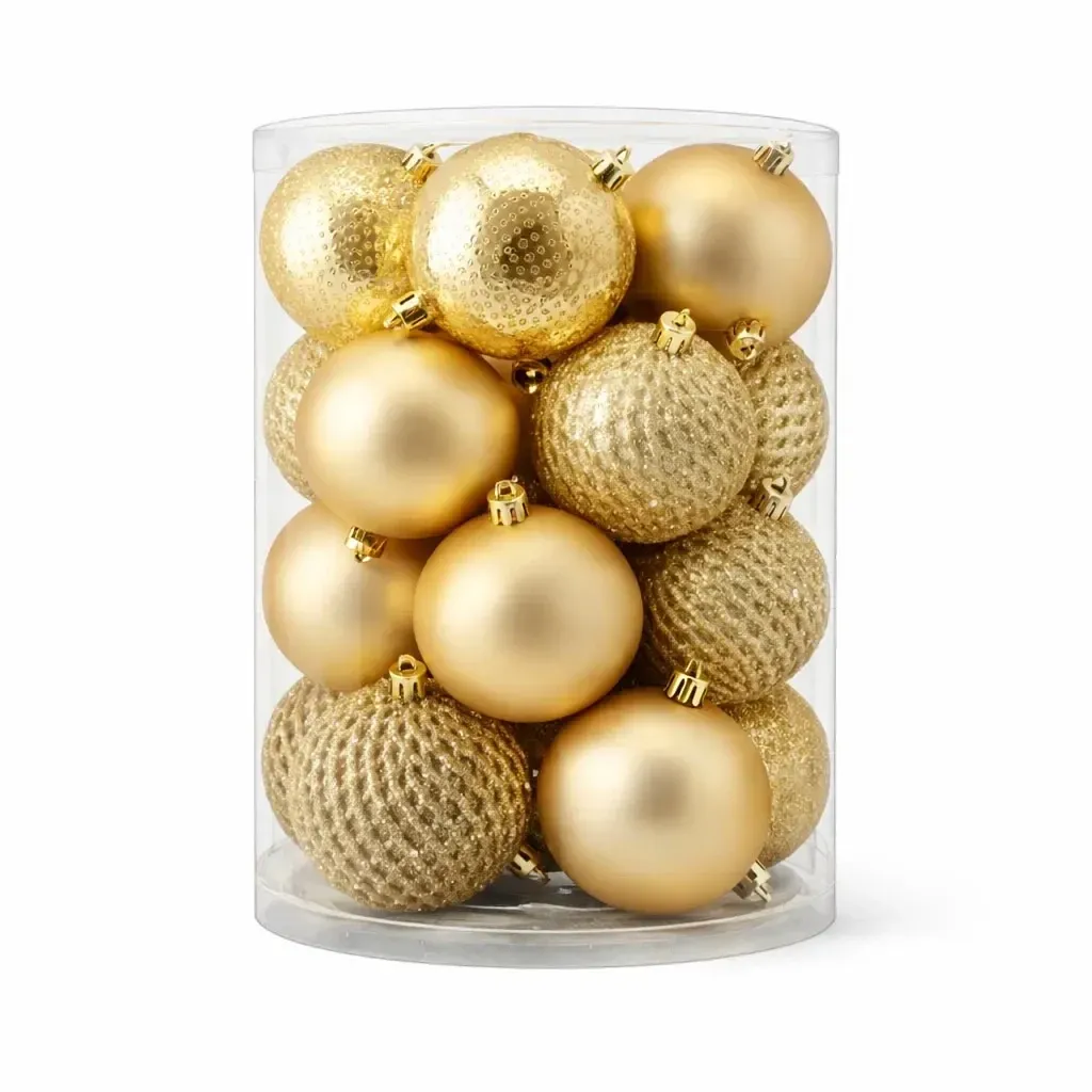 Weihnachtsschmuck-Set gold 8 cm Plastikflasche, 4× faltig, 4× matt, 4× glitzernd, Packung mit 16 Stück