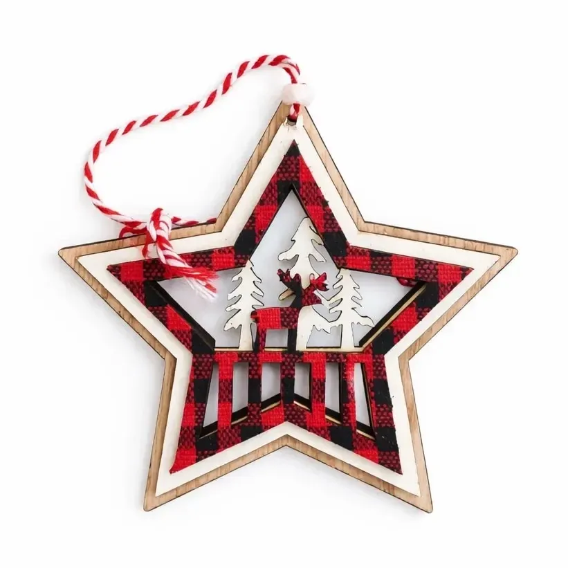 Weihnachtsschmuck Stern mit Rentier, 10 cm, zum Aufhängen, rot und schwarz, aus Holz
