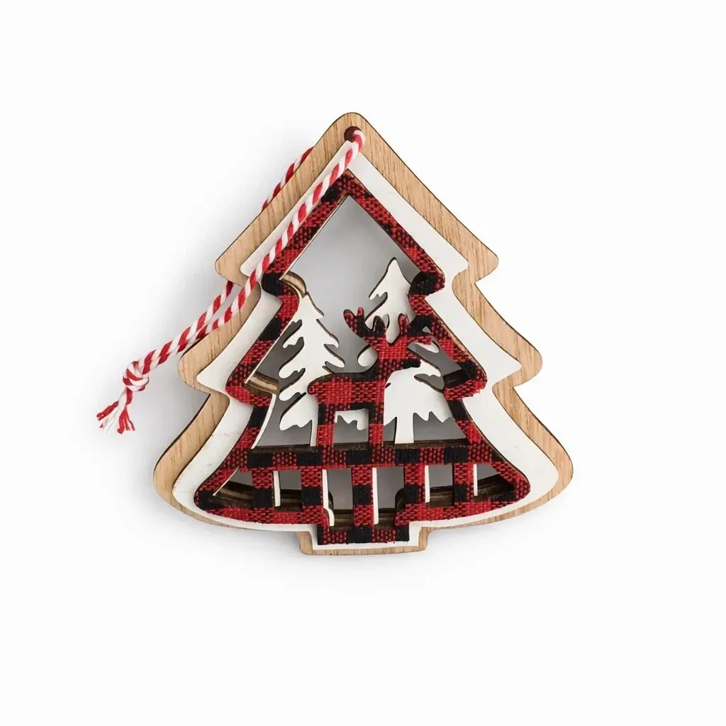 Weihnachtsbaumschmuck aus Holz mit Rentieren im Wald, 9,5 × 10,5 cm, zum Aufhängen
