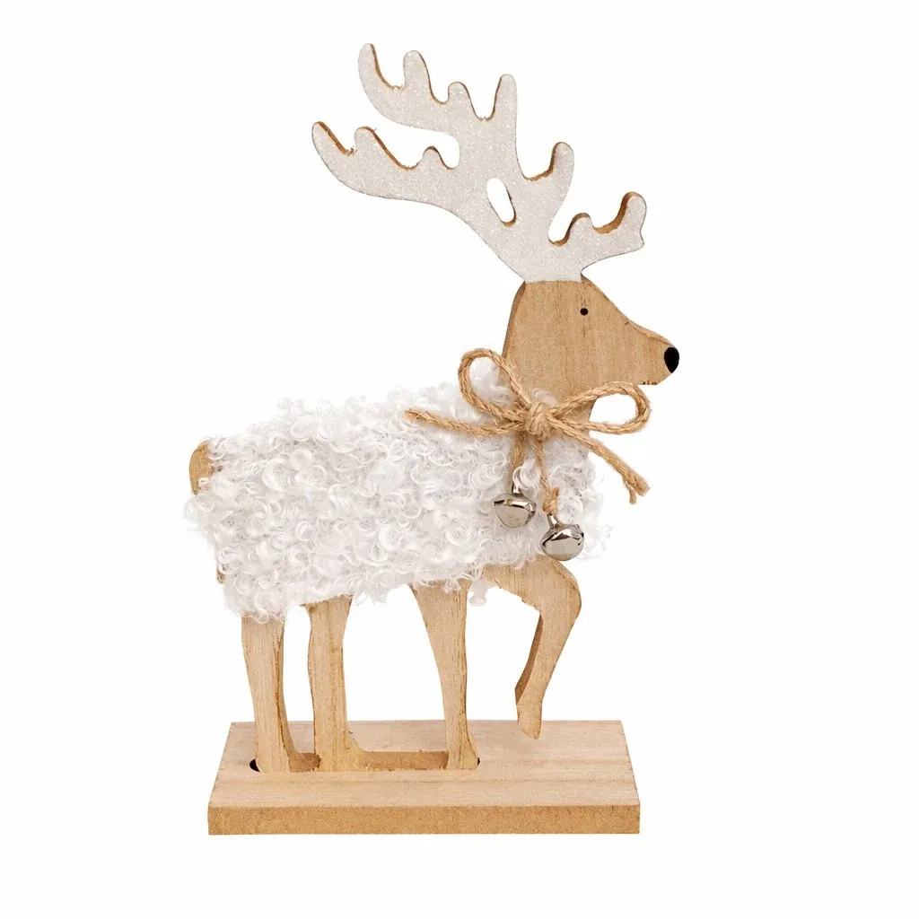 Weihnachtliche Tischdekoration aus Holz, Hirsch mit Jingle Bells, 12,5 × 20,5 cm, weiß, stehend