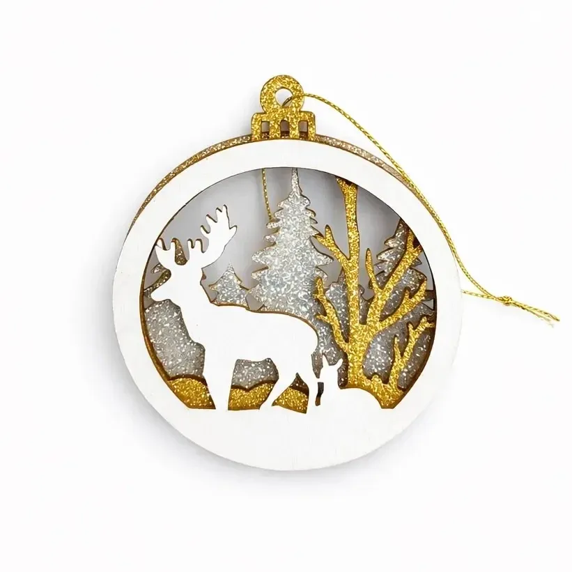 Weihnachtsschmuck aus Holz Hirsch und Wald 8,5 cm, zum Aufhängen, weiß-gold-silber