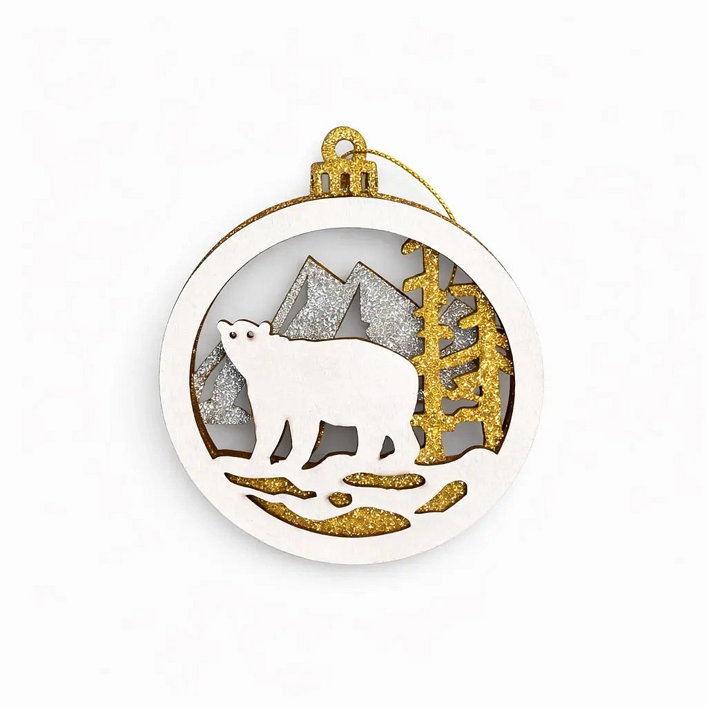 Holz-Weihnachtsschmuck Bär 8,5 cm, zum Aufhängen, weiß-gold-silber