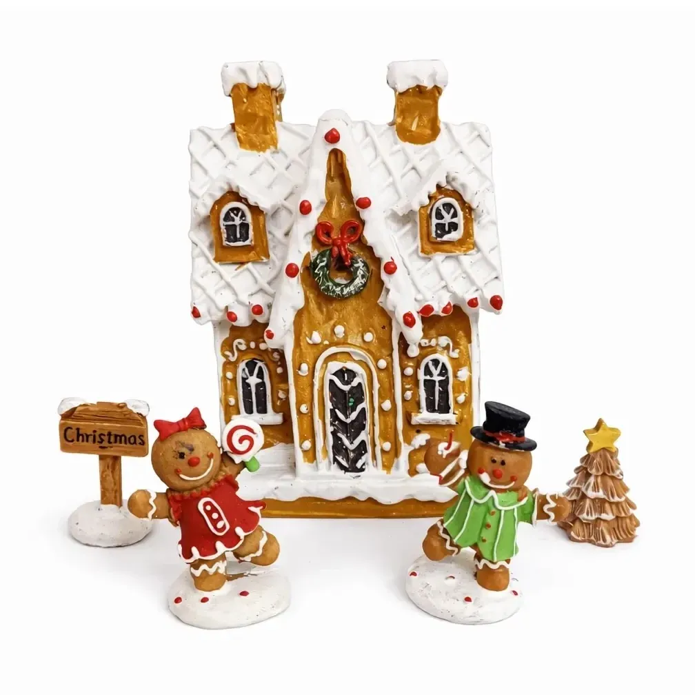 Dekoration Lebkuchenhaus und Lebkuchenmänner 20,3 × 17,4 × 7,5 cm, IP20, Polyresin Kunstharz