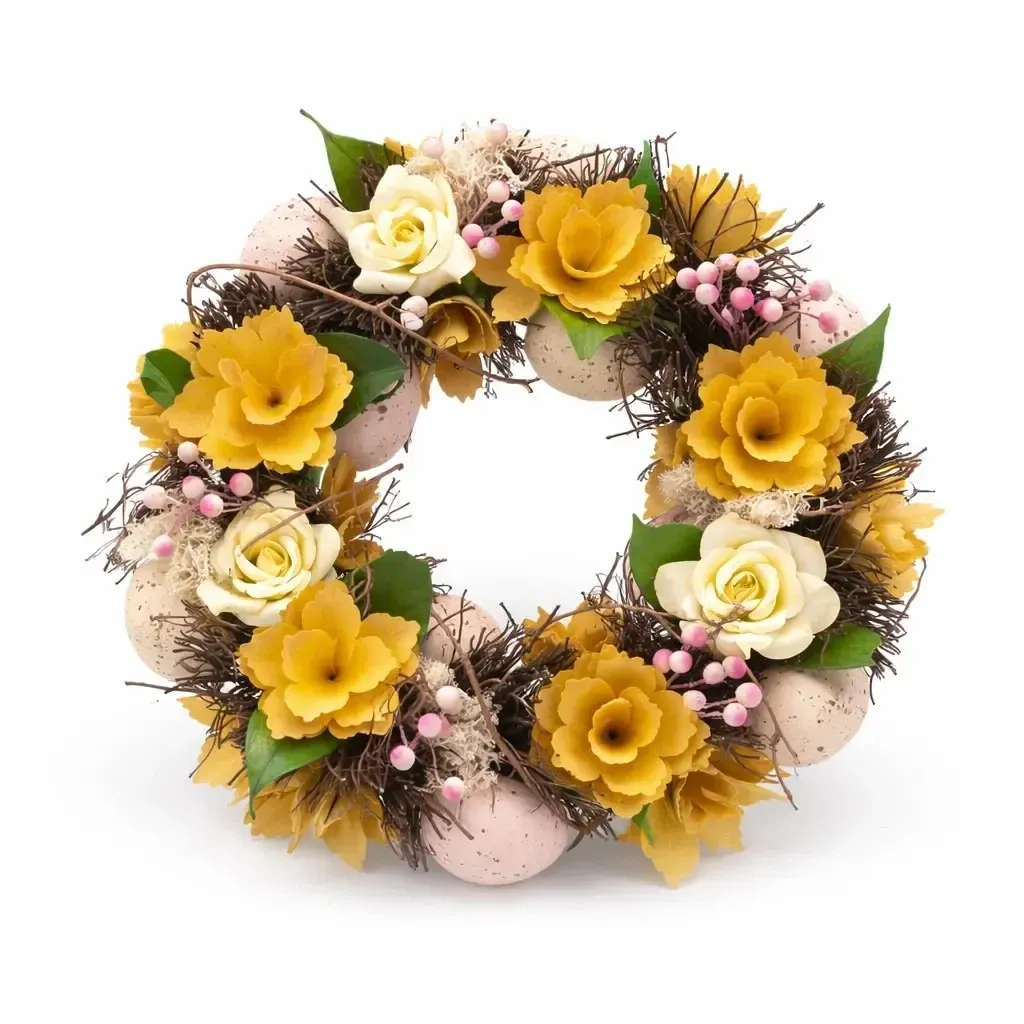 Ostertürkranz 30 × 30 × 8 cm, gelbe Blumen, Kunststoff, Outdoor