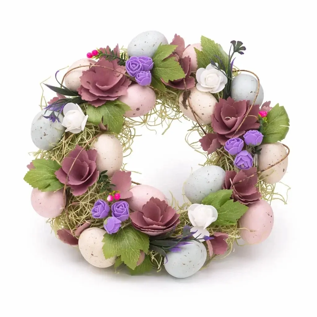 Ostertürkranz 30 × 30 × 8 cm, Kunststoffgeflecht, lila und rosa Blumen, Outdoor