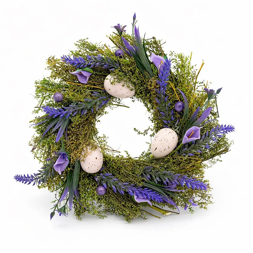 Ostertürkranz 25 × 25 × 8 cm, grüner Kranz, lila Blumen