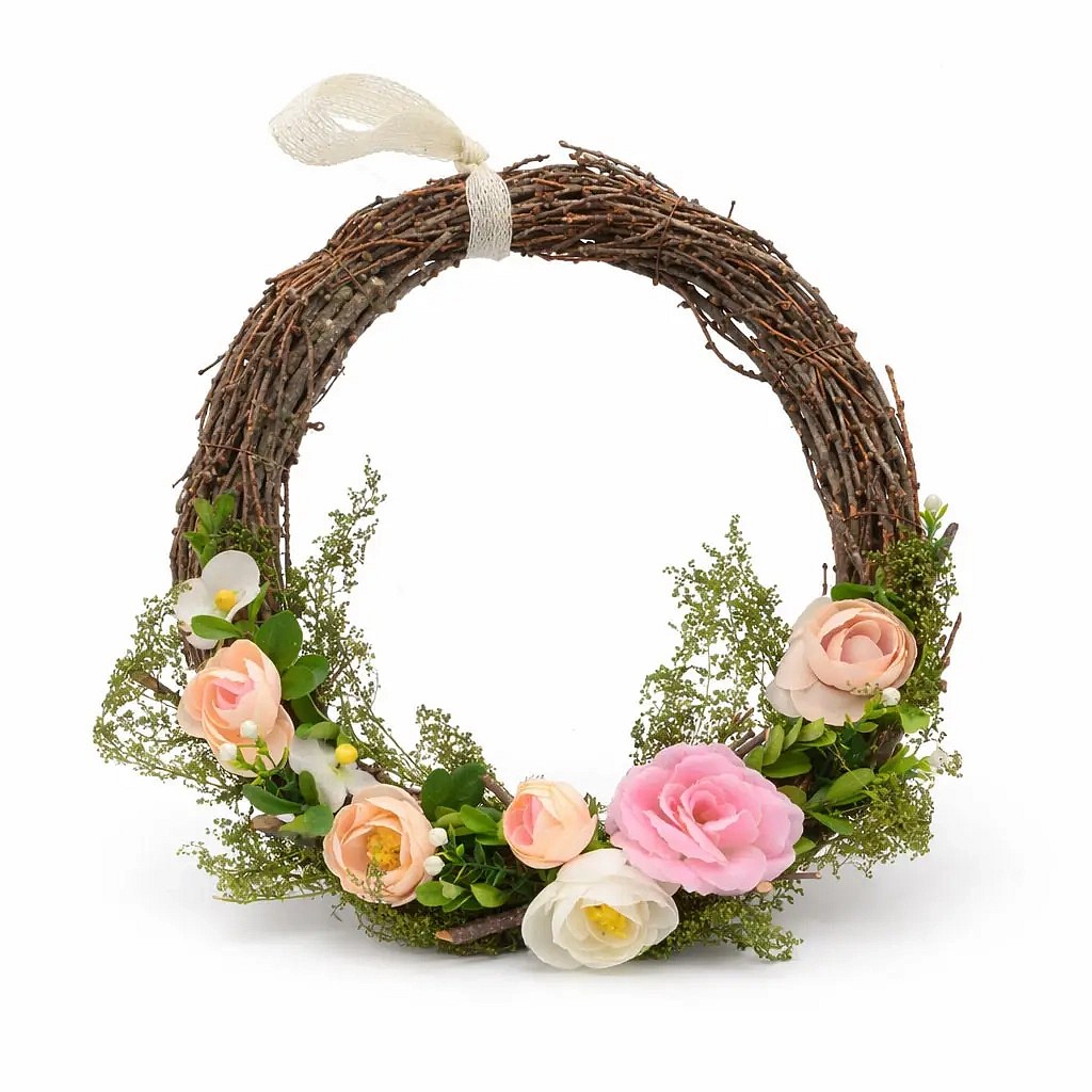 Ostertürkranz 34 × 31 × 8 cm, Weide und Blumen, für draußen