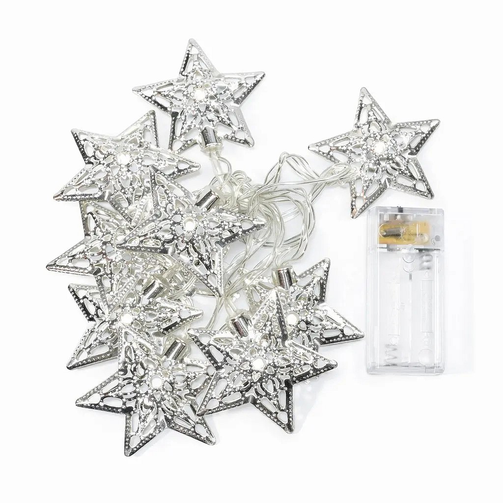Batteriebetriebene LED-Lichterkette, 1,3 m, Metallsterne, eisweiß, 10 LEDs, transparentes Kabel, IP20 für den Innenbereich, 2× AA