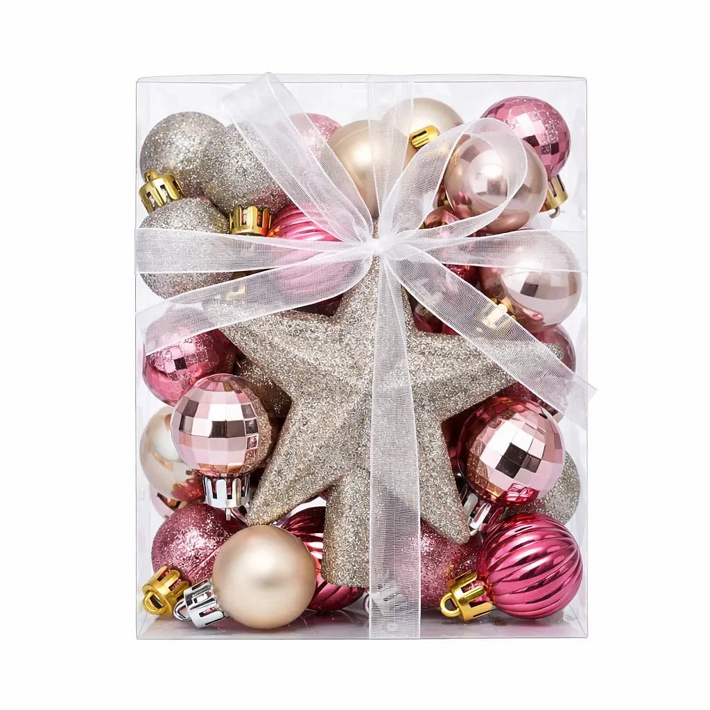 Weihnachtsschmuck-Set rosa und silber 3 cm, 1× Glitzerspitze, Kunststoffflasche IP44 Outdoor, Verpackung 29 Stück