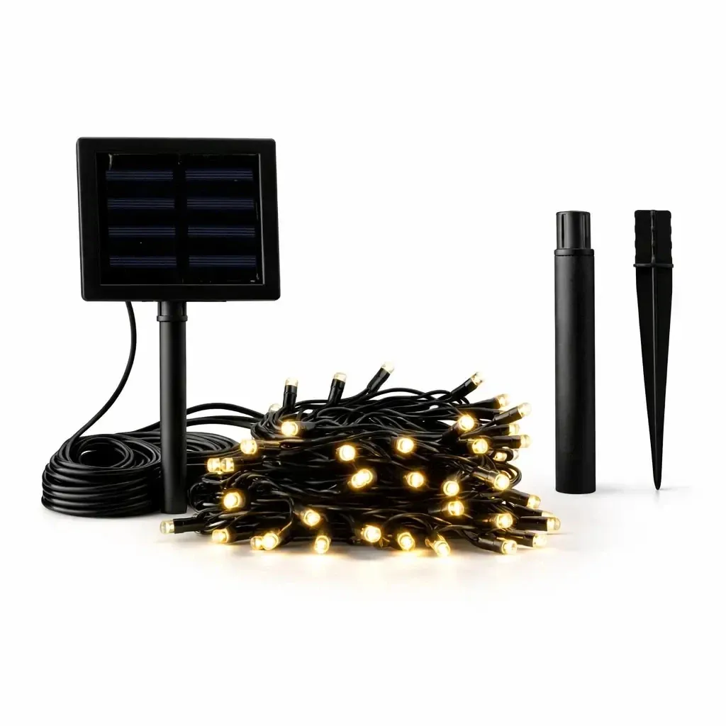 LED-Solar-Außenbeleuchtung für den Garten, 5 m, warmweiß, 50 LEDs, schwarzes Kabel, IP44, Solarmodul