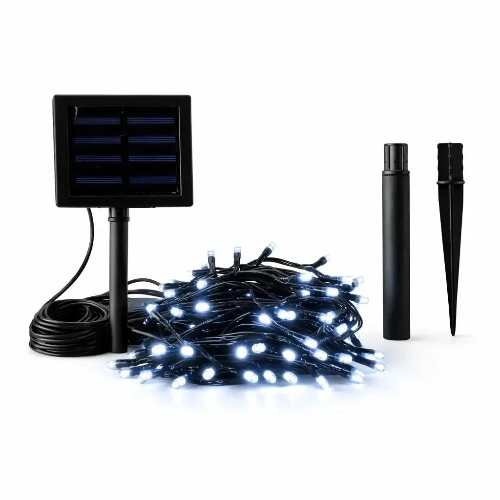 LED-Solar-Außenbeleuchtung für den Garten, 10 m, eisweiß, 100 LEDs, schwarzes Kabel, IP44, Solarmodul