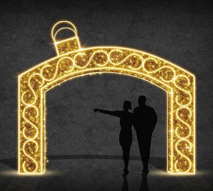 3D-LED-Lichttor-Ornament, gold, 500 × 220 cm, warmweiß, Aluminium