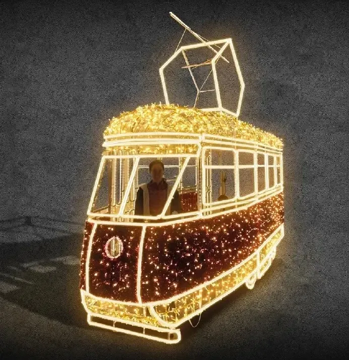 3D-LED-Lichtstraßenbahn, 400 × 360 × 150 cm, warmweiß, stehend, Aluminium