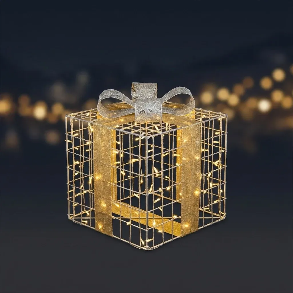 3D-LED-Lichtgeschenk mit Schleife, v1, 80 × 90 cm, warmweiß, Aluminium