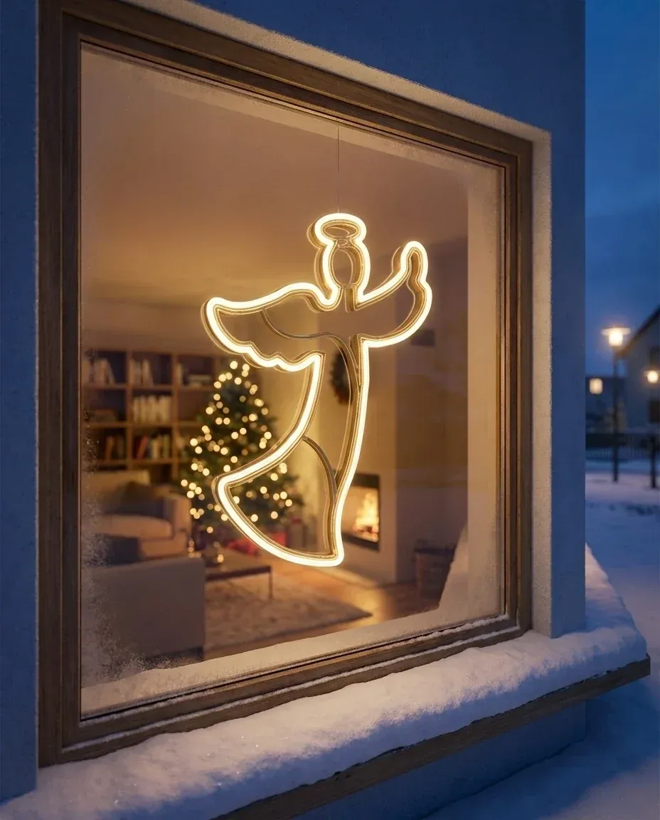 Goldener hängender LED-Engel im Fenster eines Hauses, Beispielvisualisierung