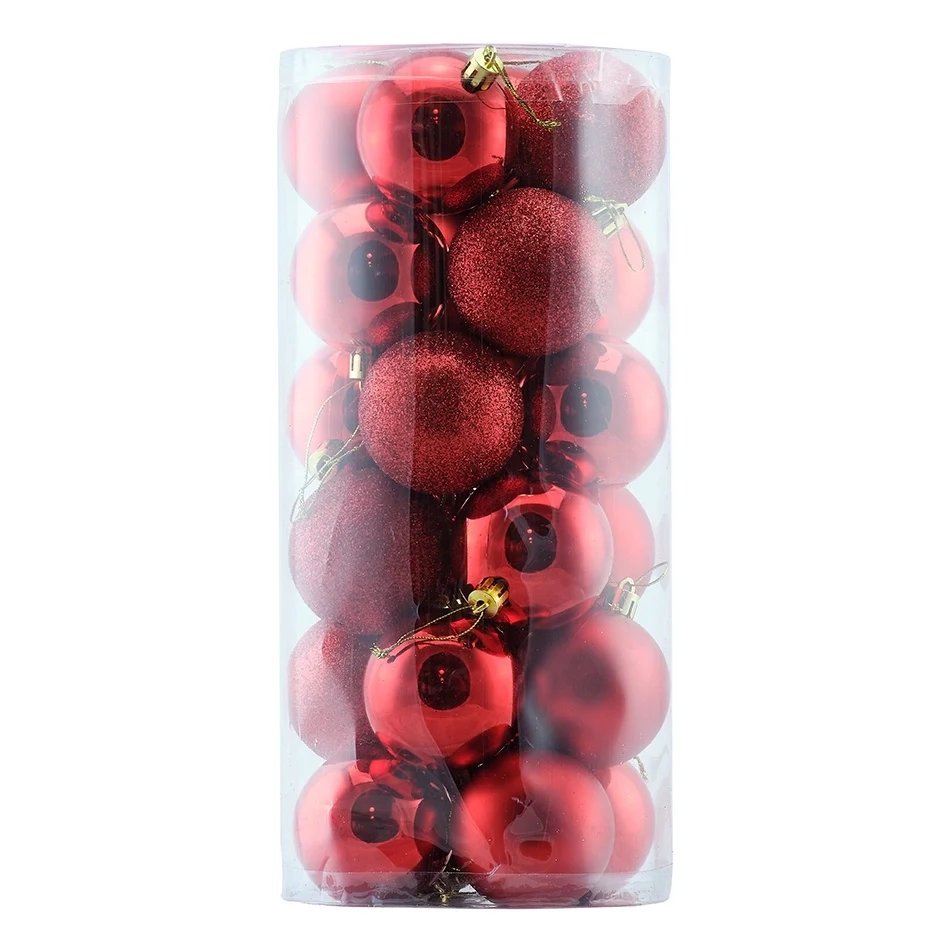 Set aus 24 Kunststoffkugeln, Durchmesser 6 cm, rot, 8× glänzend, 8× matt, 8× mit Glitzer, Packung mit 24 Stück
