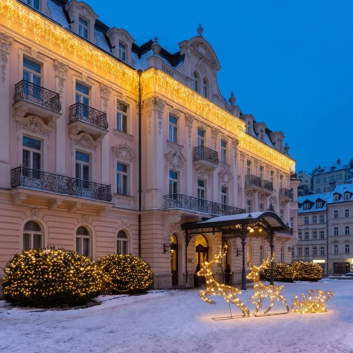 Weihnachtsset für Hotels „Fassade und Sträucher“, 10 × Eiszapfen (3 m), 2 × Lichterketten (20 m), 3D-LED-Rehe mit Schlitten (180 cm), warmweiß