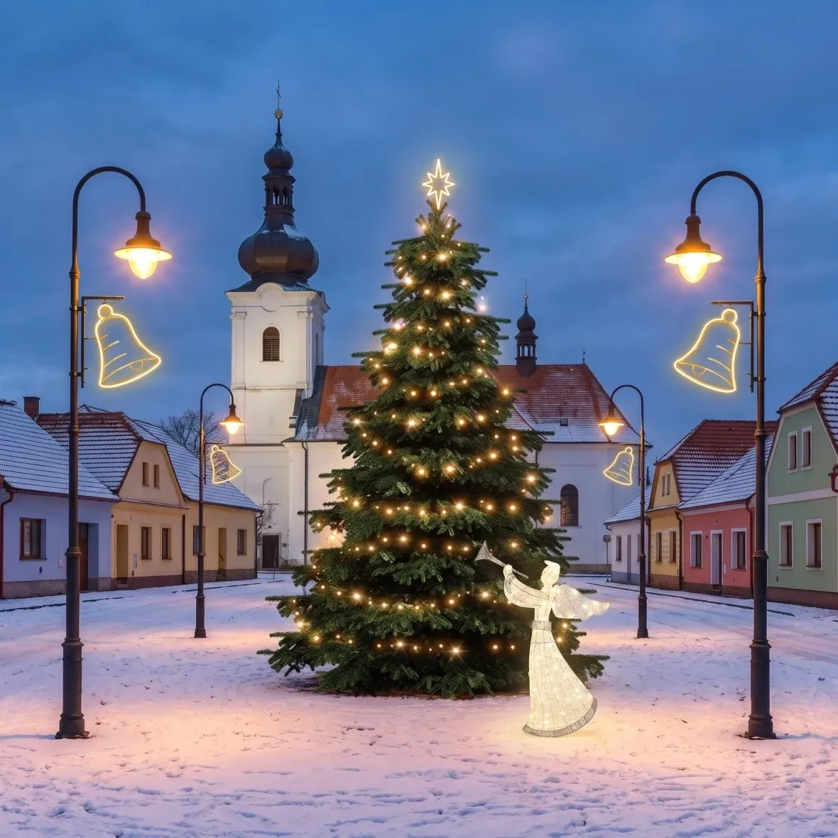 Weihnachtsset für Gemeinden: Glocke, Baum 3–5 m, 7× Glocke für die Straßenbeleuchtung, 3D-LED-Engel 122 cm, warmweiß