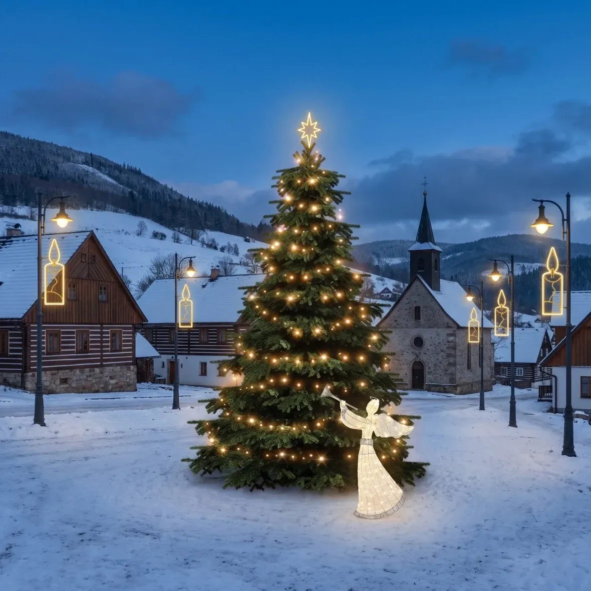 Weihnachtsset für Gemeinden: Kerze, Baum (3–5 m), 7× Kerze für die Straßenbeleuchtung, 3D-LED-Engel (122 cm), warmweiß