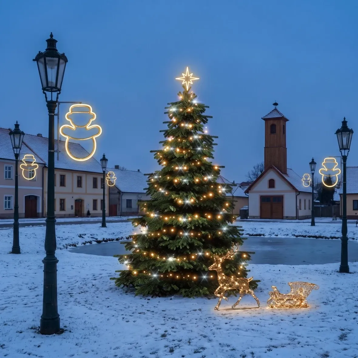 Weihnachtsset für Gemeinden: Schneemann, 3–5 m hoher „Flash“-Weihnachtsbaum, 6× Schneemann für die Straßenbeleuchtung, 3D-LED-Rehe mit Schlitten (180 cm), warmweiß