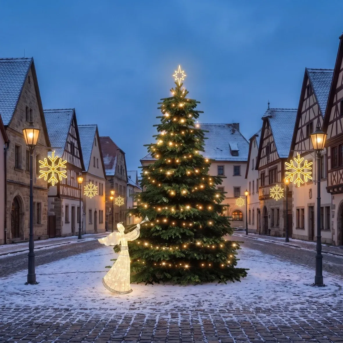 Weihnachtsset für Gemeinden „Vločka VI“, Baum 3–5 m, 8× „Vločka VI“ für die Straßenbeleuchtung, 3D-LED-Engel 122 cm, warmweiß