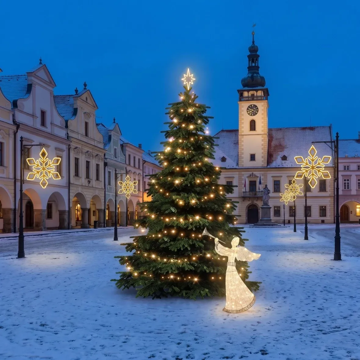 Weihnachtsset für Gemeinden „Vločka IX“, Baum 3–5 m, 6× „Vločka IX“ für die Straßenbeleuchtung, 3D-LED-Engel 122 cm, warmweiß