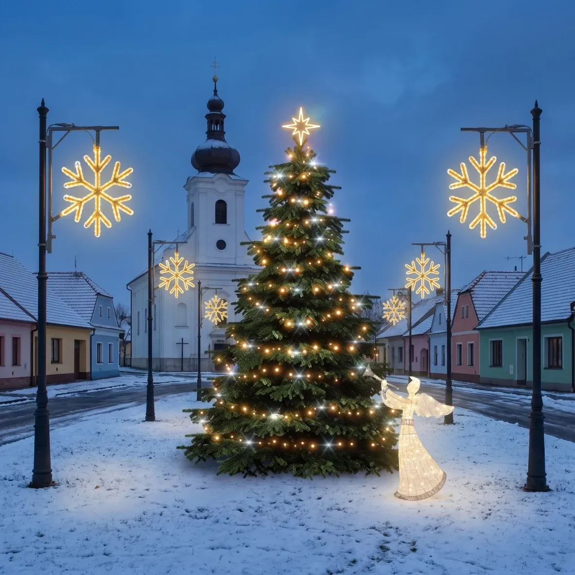 Weihnachtsset für Gemeinden: Schneeflocke „Flash“, Weihnachtsbaum 3–5 m „Flash“, 6× Schneeflocke VIII „Flash“ für die Straßenbeleuchtung, 3D-LED-Engel 122 cm, warmweiß