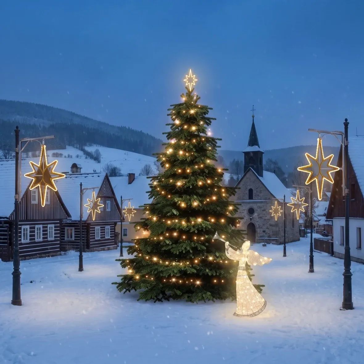 Weihnachtsset für Gemeinden: Stern, Weihnachtsbaum 3–5 m, 9× Stern für die Straßenbeleuchtung, 3D-LED-Engel 122 cm, warmweiß