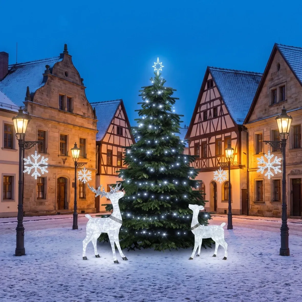 Weihnachtsset für Gemeinden „Eisflocke V“ mit Hirsch und Hirschkuh, Baum 3–5 m, 4× „Eisflocke V“ für die Straßenbeleuchtung, 3D-LED-Hirsch und Hirschkuh 150 cm, eisweiß
