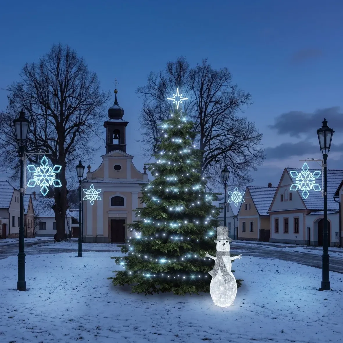 Weihnachtsset für Gemeinden „Eisflocke IX“, Baum 3–5 m „Flash“, 6× „Eisflocke IX“ für die Straßenbeleuchtung, 3D-LED-Schneemann 107 cm, eisweiß