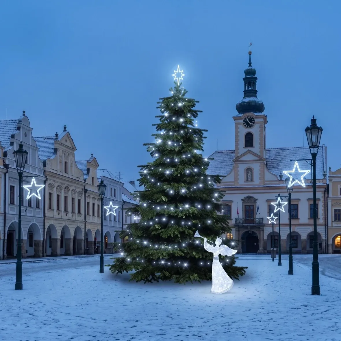 Weihnachtsset für Gemeinden: Eisstern, Baum 3–5 m, 7× Stern für die Straßenbeleuchtung, 3D-LED-Engel 122 cm, eisweiß