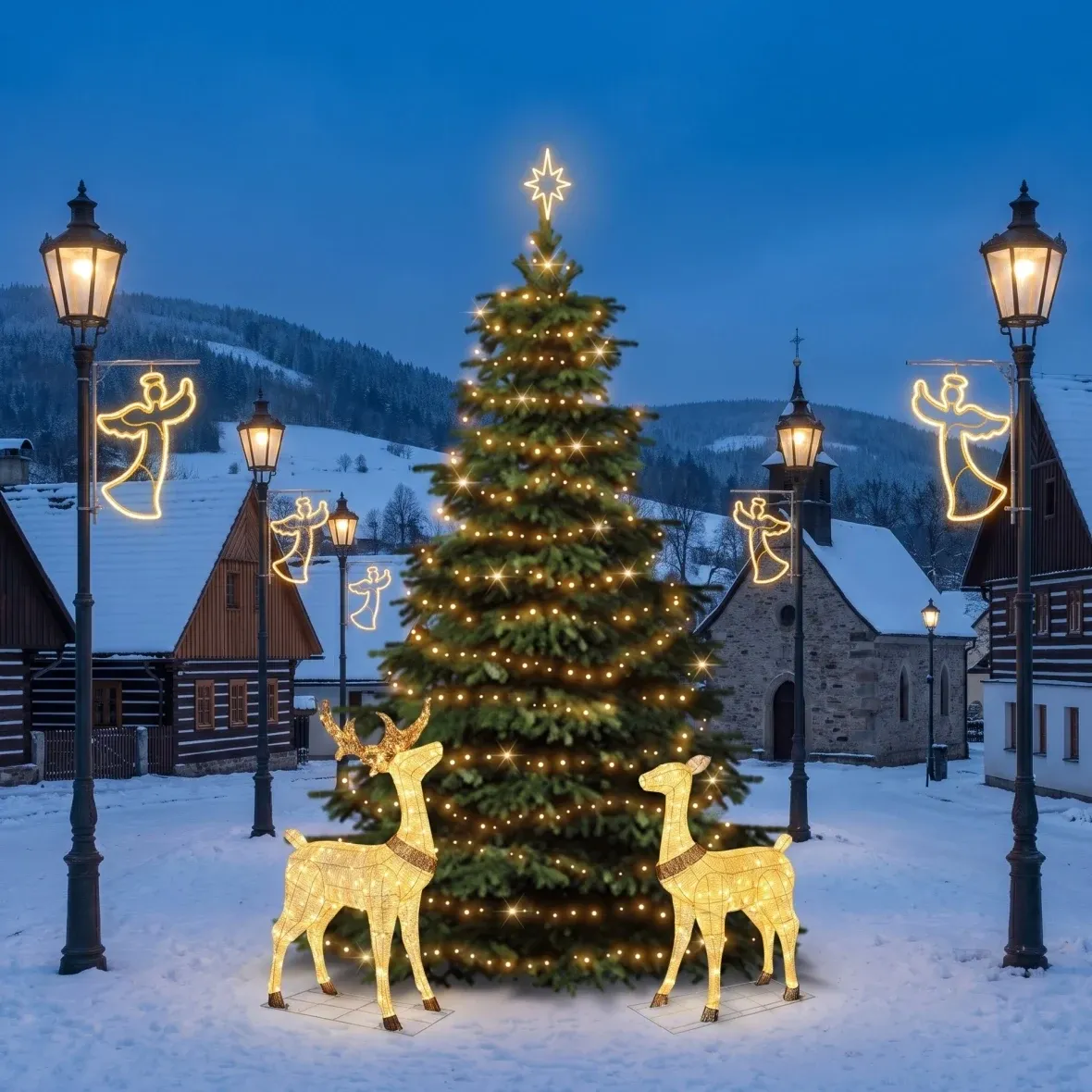 Weihnachtsset für Gemeinden: Engel 8 m, Baum 6–8 m, 7× Engel für die Straßenbeleuchtung, 3D-LED-Hirsch und Hirschkuh 150 cm, warmweiß