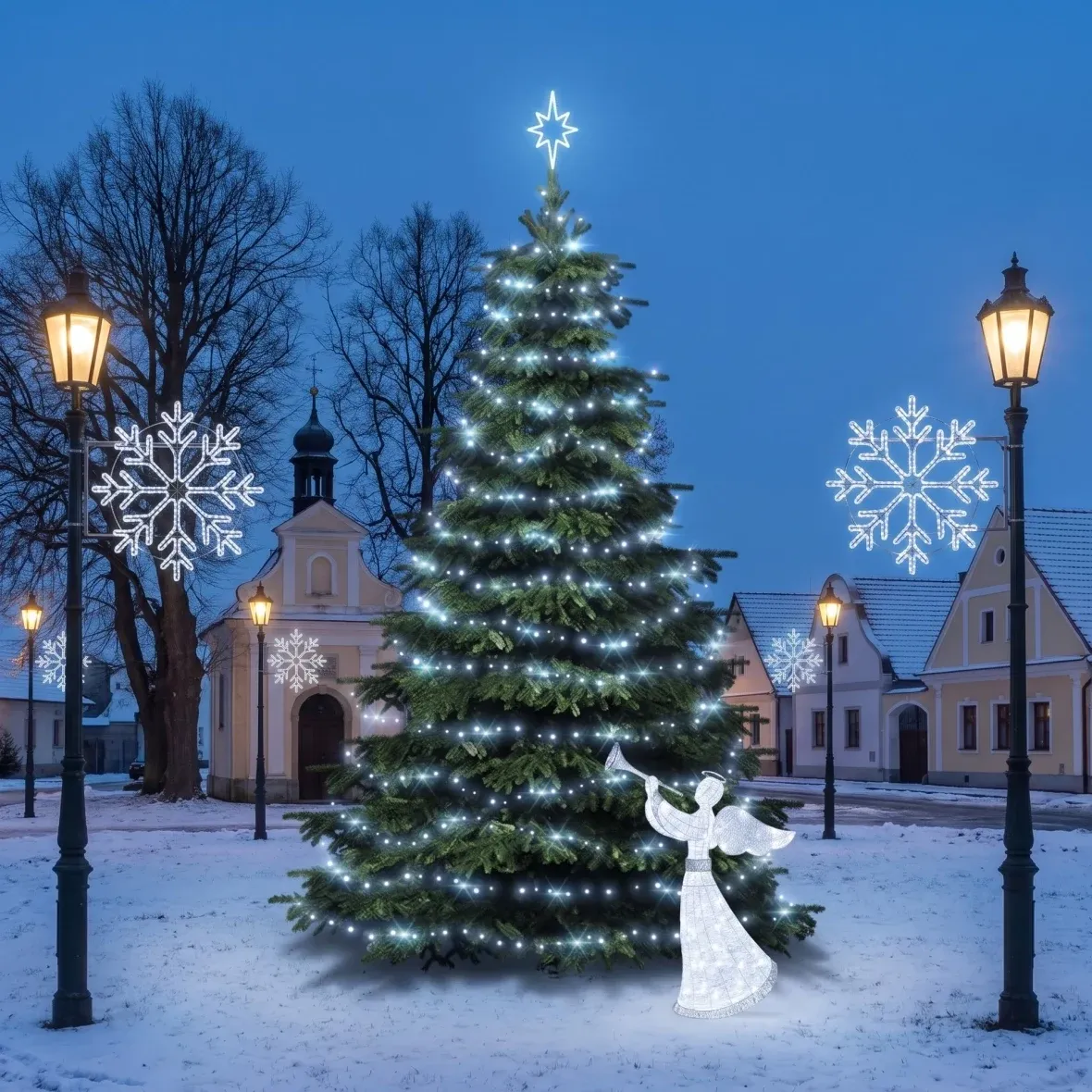 Weihnachtsset für Gemeinden „Eisflocke II“, Baum 6–8 m „Flash“, 7× „Eisflocke II“ für die Straßenbeleuchtung, 3D-LED-Engel 122 cm, eisweiß