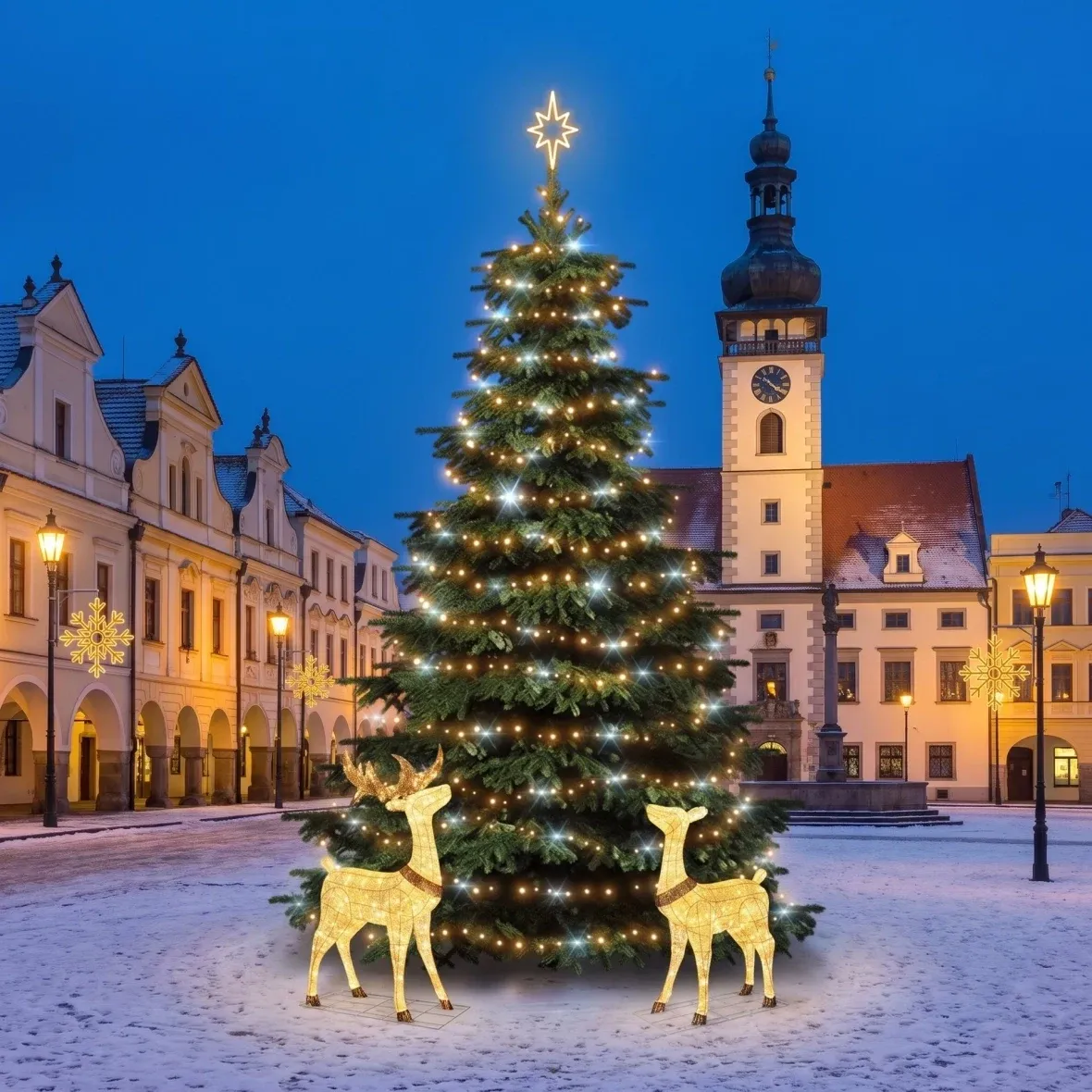 Weihnachtsset für Gemeinden: Große Schneeflocke X mit Hirsch und Hirschkuh, Baum 6–8 m „Flash“, 8× Schneeflocke X für die Straßenbeleuchtung, 3D-LED-Hirsch und Hirschkuh 150 cm, warmweiß
